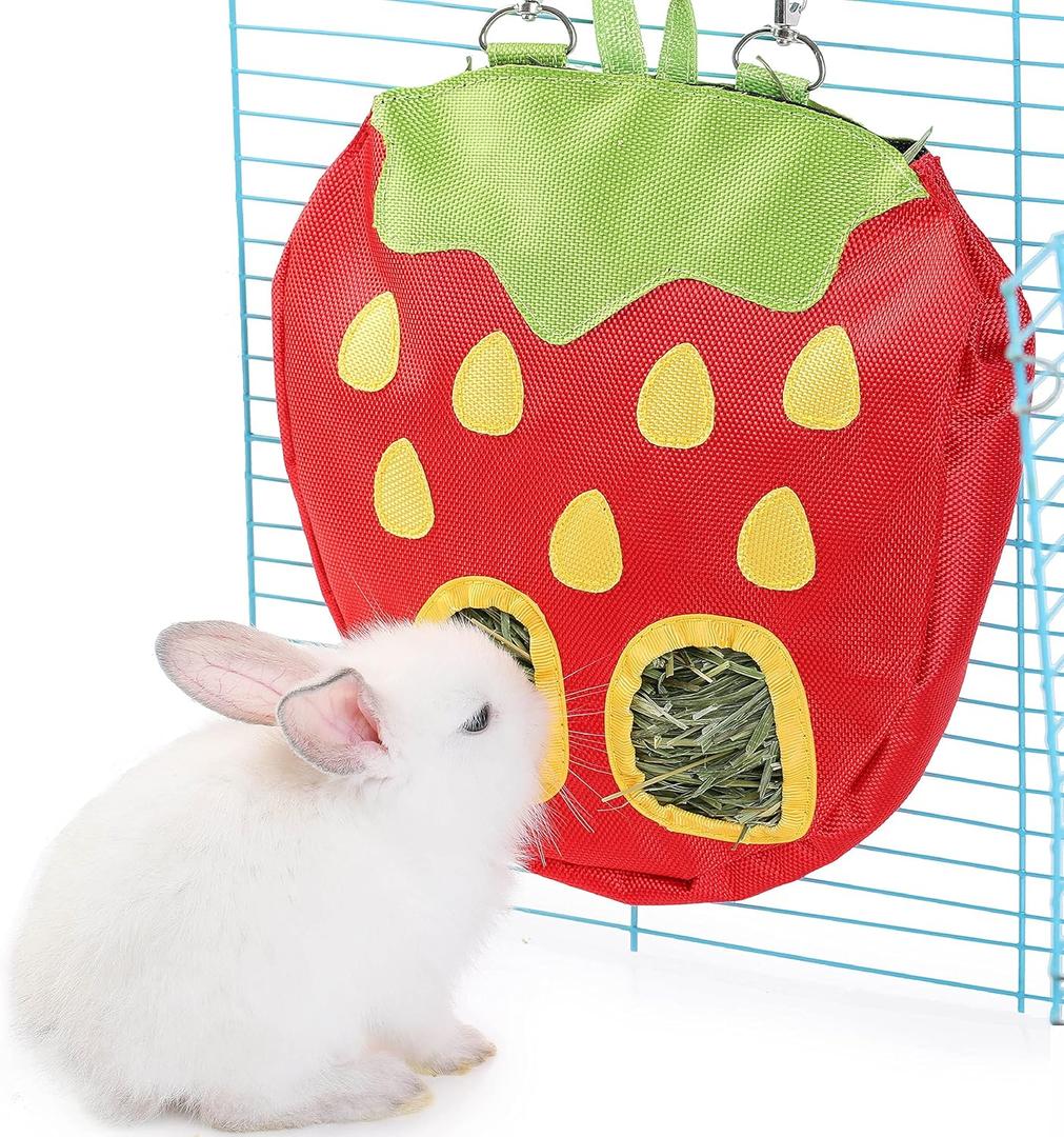 JanYoo Rabbit Hay Feeder Bag for Cage Guinea Pig Timothy Hay Dispenser Storage Manger Hanging Large Less Waste for Bunny (A-Strawberry)