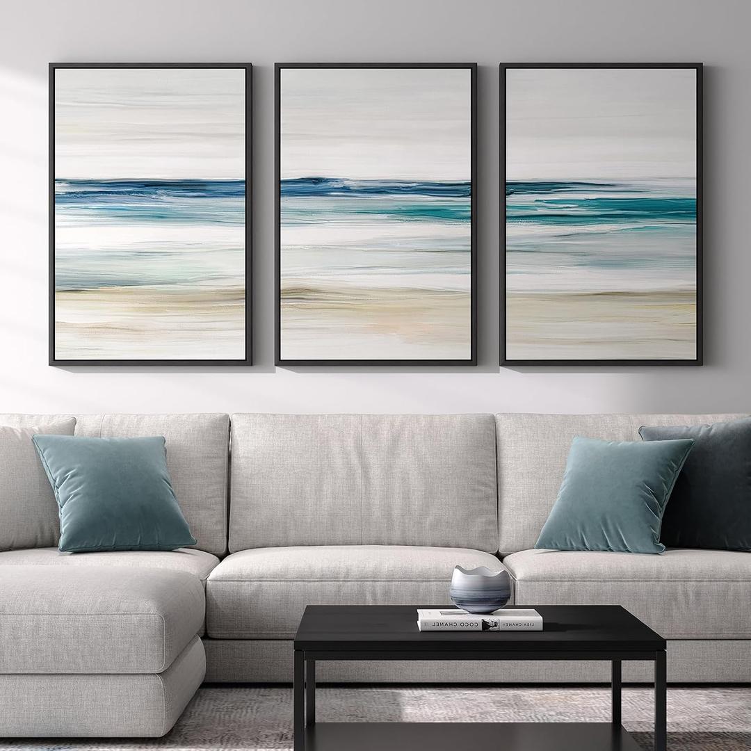 Framed Abstract Coastal Wall Art for Living Room, Large Blue Coastal Landscape Decor, 3 Piece Minimalist Beach Ocean Painting Artwork for Walls, Canvas Prints for Bedroom Hallway Wall Decor, 24x36 In, 24" W x 36" H x 3Pcs