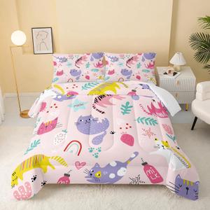 Kawaii Cats Comforter Twin Size,Pink Cats Kids Comforter Set,3Pcs Bedding Set Printed Comforter with 2 Pillowcases,Down Alternative,Soft and Lightweight,for All Seasons