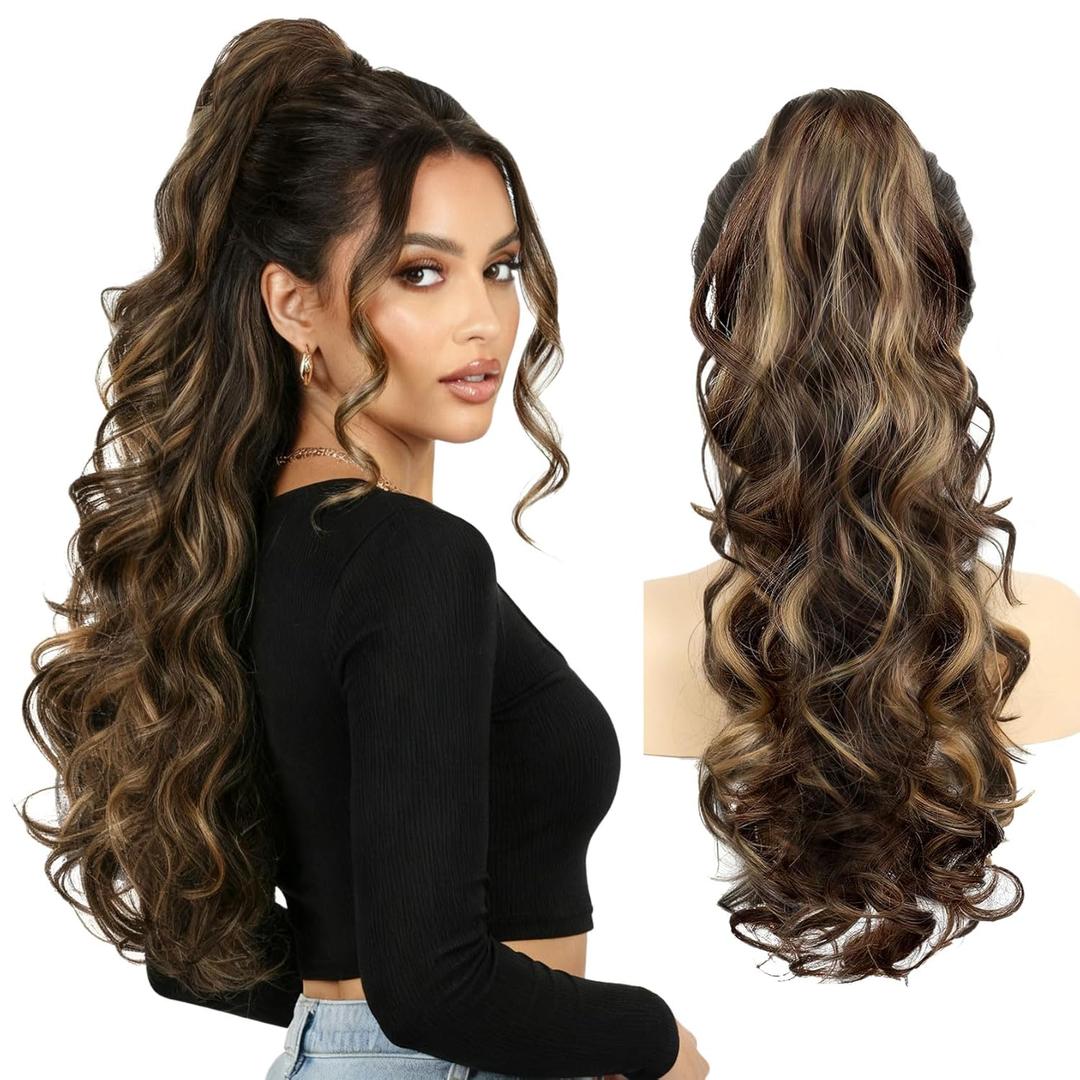 Claw Clip Chocolate Brown with Highlights Ponytail Extension for Women Long Wavy Pony Tails Hair Extensions Fluffy Natural Looking 24 Inch hair extensions ponytail for Daily Use
