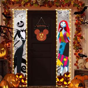 Nightmare Christmas Halloween Decor Jack Skellington Sally Lighted Banners Porch Sign Decorations Before Christmas Welcome Halloween Outdoor Party Banners