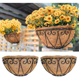 LaLaGreen Outdoor Wall Planters (2 Pack, 14 Inch) Black Metal Wall Mounted Hanging Basket with Coco Liner, Semi-Circle Flower Pot Plant Holder for Fence Railing Deck Porch Balcony French Garden Decor