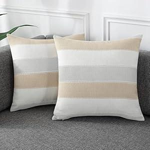 AmHoo Pack of 2 Farmhouse Stripe Check Throw Pillow Covers Set Case Cotton Linen Decorative Pillowcases Cushion Cover for Couch Bench Sofa 20x20Inch Linen Grey