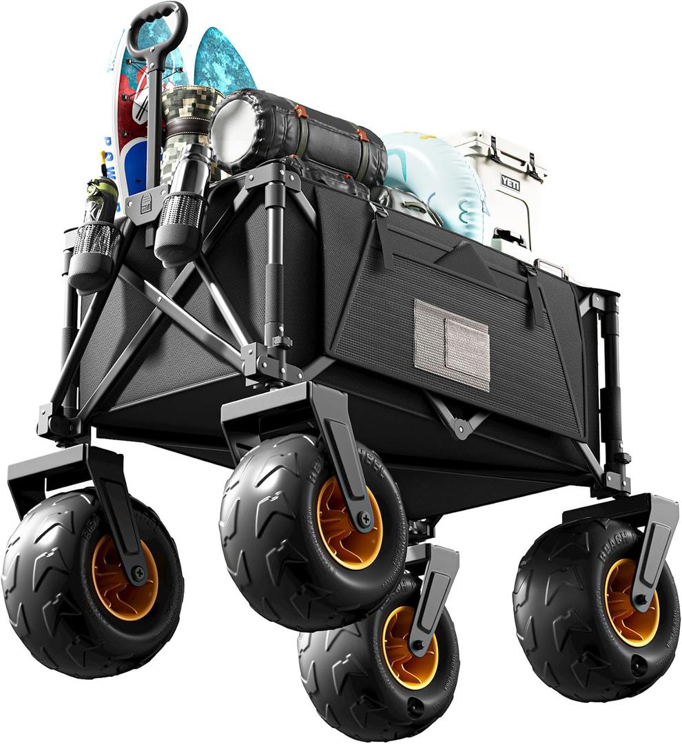 DXZ Beach Wagon Cart with Big Wheels for Sand  Folding Collapsible Wagon, Heavy Duty Wagons Carts Foldable for Beach, Camping, Outdoor Gear, Easy Setup Black Yellow