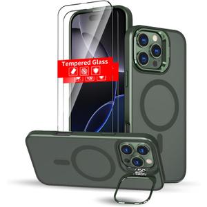 for iPhone 16 Pro Max Case Magnetic Compatible with MagSafe Support Wireless Charger,Built-in Camera Cover Kickstand+with 2 Screen Protector,Military Grade 360Full Body Phone Protection Green