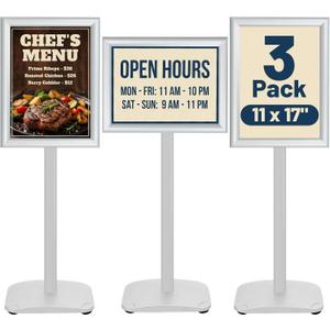 3 Pack Heavy Duty Standing Sign Holder 11x17 Inch - Pedestal Floor Sign Stand with Weighted Base - Vertical & Horizontal Poster/Menu Display Stands for Indoor/Outdoor Advertising, Silver
