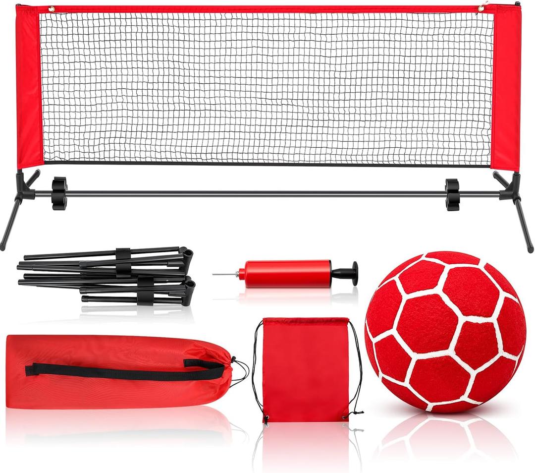 Halloscume Soccer Tennis Game Set with 6.4 x 2 ft Portable Easy Set-Up Net, a Soccer with Ball Pump, Drawstring Backpack for Men Women Athletic Gym Outdoors Indoors Backyard Beach, Red