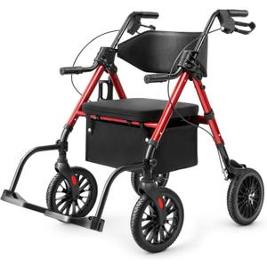 2 in 1 Rollator Walker for Seniors with Seat, Walker Wheelchair Combo, Transport-Wheelchair-Lightweight-Foldable with Adjustable Seat and Handle, 300 Lb. Weight Capacity, Red