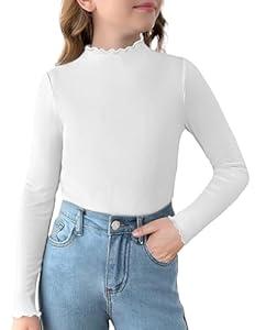 Arshiner Girls Long Sleeve Shirts Lettuce Trim Mock Neck Slim Fit Basic Tops Ribbed Thermal Undershirts Layering Tee White 7-8 Years