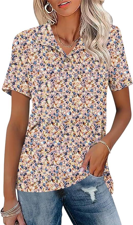 Ivicoer Womens V Neck Short Sleeve Polo Shirts Button Down Collared Tops Work Tunic Blouses Business Casual, Smal