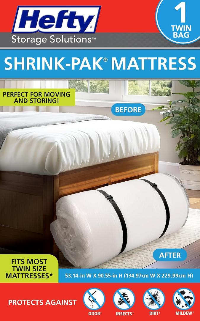 Hefty Shrink-Pak Mattress Bags for Moving Twin/Twin XL Size | Heavy Duty & Water Resistant Vacuum Compression Mattress Bag, Storage Protection Mattress Cover for Moving