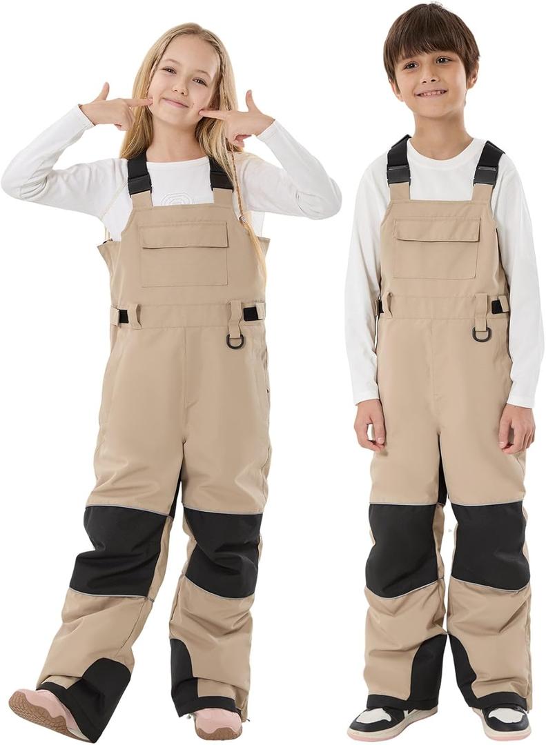 GSOU SNOW Kids Snow Bibs Boys Girls Ski Bib Snowboard Pants Insulated Waterproof Winter Overalls(3-16Years) (Large, Caramel)