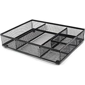 EasyAPG Desk Drawer Organizer with 5 Compartments, Metal Mesh Storage Tray with Anti-Slip Pads for Office, Kitchen, Bathroom - Black