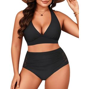 Yonique Womens Two Piece Plus Size Halter Bikini Swimsuits Tummy Control Bathing Suits High Waisted Swimwear (Black 01, 18W)