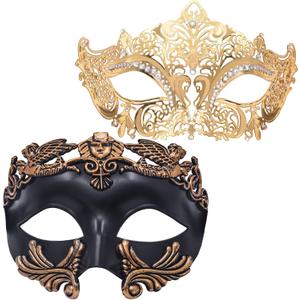 Masquerade Mask for Couple - Roman Greek Man Mask & Venetian Metal Women Mask for Masquerade Ball Mardi Gras (Gold)