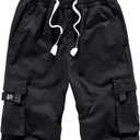 ELETOP Men's Cargo Shorts Elastic Waistband Drawstring Big and Tall Cotton Summer Casual Work Shorts (Black, XXXL)
