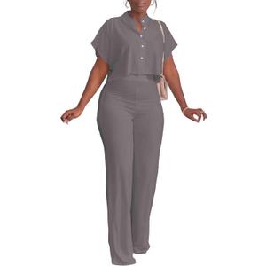 HBQ Women's Summer 2 Piece Outfits Casual Tracksuit Short Sleeve Button Down Crop Top Wide Leg Long Pant Lounge Sets, Large, Grey