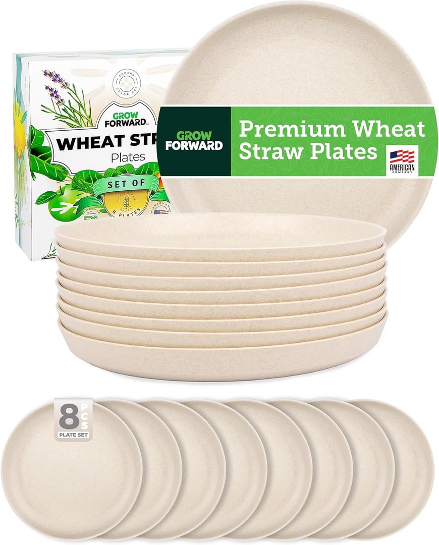 Grow Forward Premium Wheat Straw Plates - 10 Inch Reusable Hard Plastic Dinner Plates Set of 8 - Unbreakable & Microwave Safe Dishes for Dessert, Camping, RV, Outdoors, Patio, Kitchen - Sahara