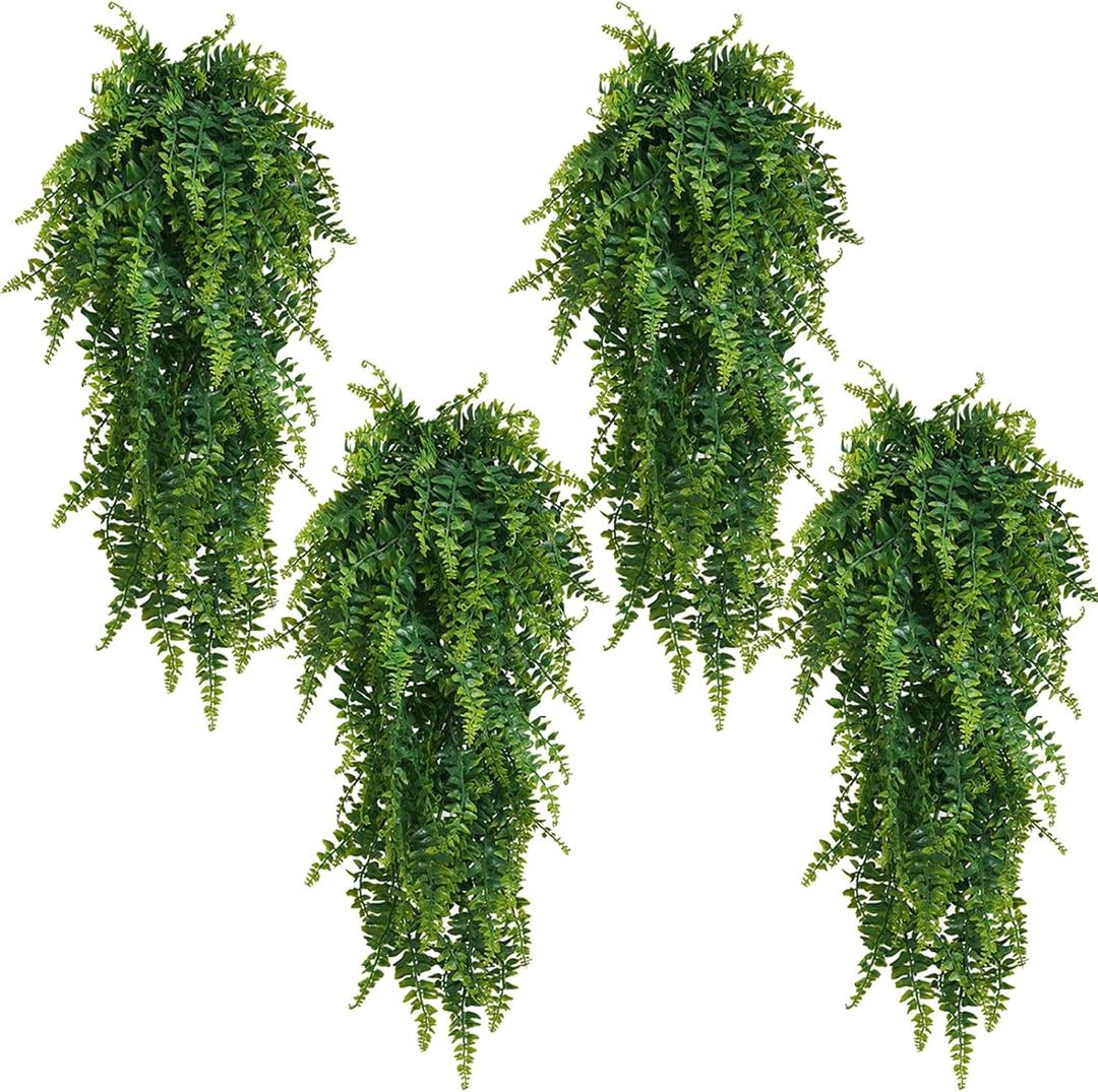 Faux Hanging Plant,4 Pcs Fake Plants Fake Fern Wall Artificial Plants Fake Ivy Faux Greenery Plants for Patio Porch Indoor Outdoor UV Resistant Plastic Plants Decor (4 Pcs Faux Ferns)
