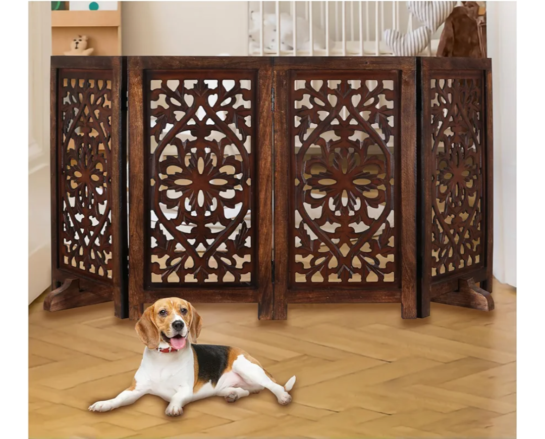 Free Standing Dog Gate – 4 Panel Foldable Wooden pet gate Indoor 56" W x 28" H, Hand-Carved Solid Wood & MDF, Portable Indoor Gate for Doorways, Halls, Stairs – Fully Assembled, Burnt Finish