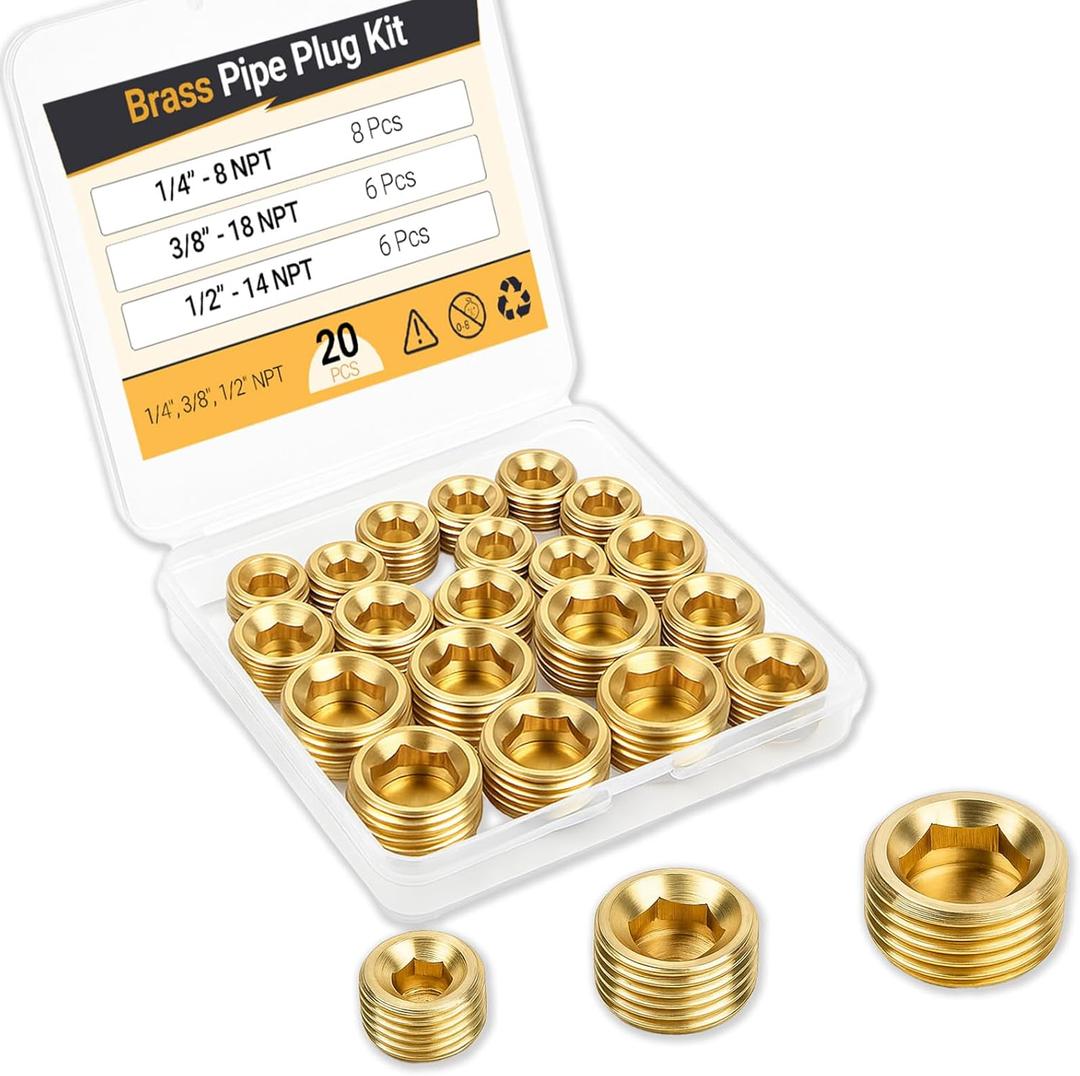 20 PCS Brass Pipe Plug Kit  1/4", 3/8", 1/2" NPT Male Hex Head Counter Sunk Plugs, Threaded Fittings for Plumbing, Air Compressor, Hydraulic & Industrial Use