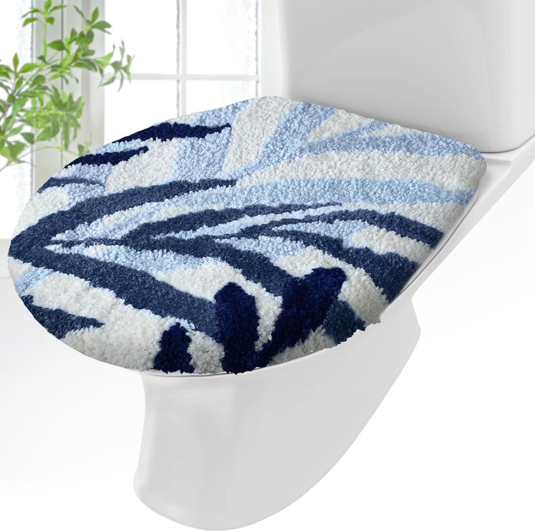Mindsoft Blue Leaves Toilet Seat Covers Bathroom Toilet Lid Cover Soft Microfiber 17.5'' x 15'' Plush Tufted, Machine Washable, Adjustable Rubber Backing Fits Most Round Elongated Oblong Lids