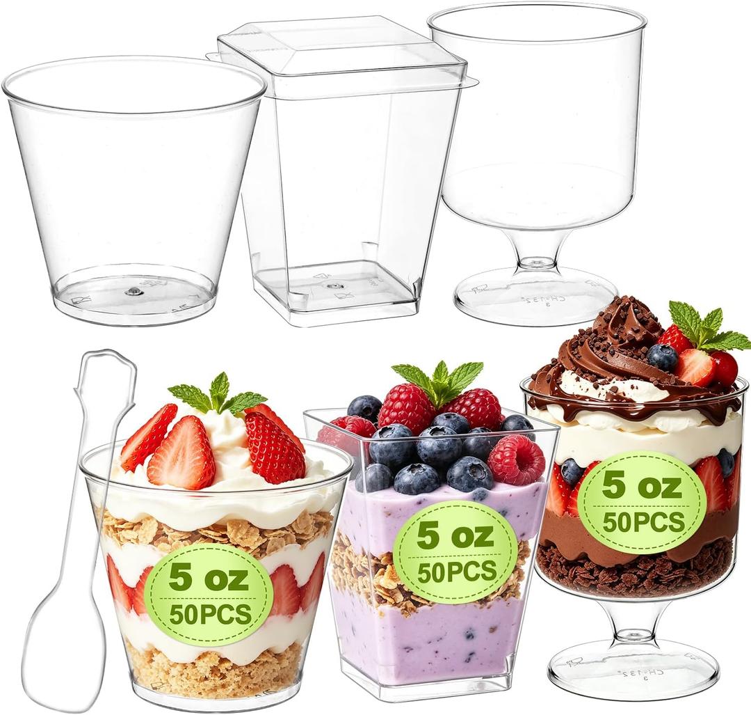 SHOPDAY 5 oz Plastic Dessert Cups with Spoons 150 Pack
3 Shapes Small Paifait Cups, Goblet & Round & Square Dessert Cups Each 50 Pcs, Appetizer Cups Shooter Cups for Mousse Yogurt