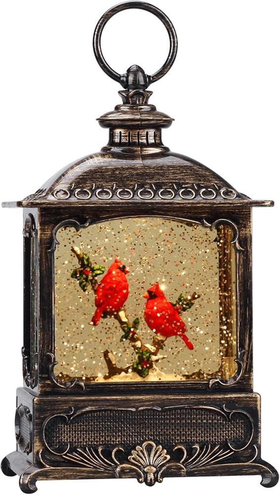 Cardinal Snow Globe Christmas Decorations Lantern, Glittering Lighted Plug-in, 3 AA Battery Operated & USB Powered, Cardinal Snow Globe Lantern for Christmas Home Decoration and Gift