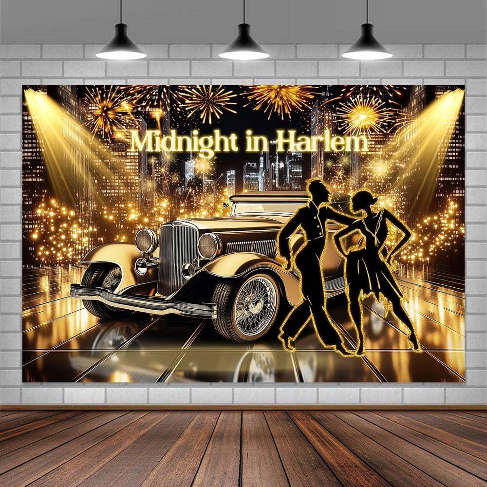 7X7ft Roaring 20s Party Photo Backdrop Photography Background, Great Gatsby Black and Gold 1920s Speakeasy Party Backdrops Photo Booth Prop Decorations Wall Decor Tablecloth