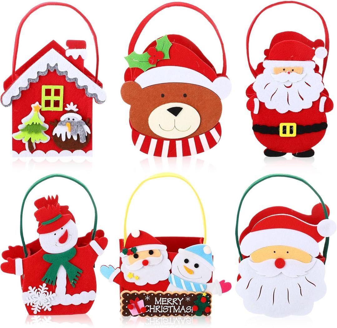 Sadnyy 6 Pcs Christmas Felt Gift Bags Baskets Xmas Celebrations Treat Bucket Christmas Santa Claus Snowman Elk Bag with Handle Portable Candy Gift Treat Holder for Party Favor Supplies