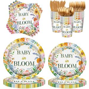 Kelfara 200Pcs Spring Baby in Bloom Baby Shower Decorations Plates Set, Wildflower Floral Baby Shower Paper Plates Napkins Cups and Gold Cutlery Set, Serve 25