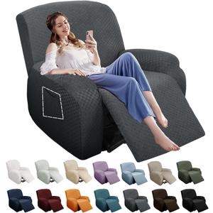 YEMYHOM 4 Pieces Stretch Recliner Slipcover Latest Jacquard Recliner Chair Cover with Side Pocket Anti-Slip Fitted Recliner Cover Couch Furniture Protector with Elastic Bottom (Recliner, Dark Gray) (Standard 1 Seater)