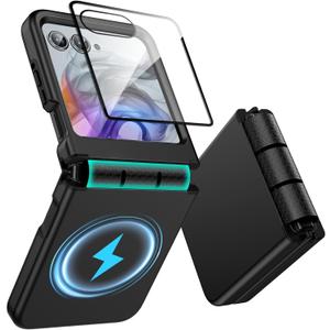 for Motorola Razr 2025/2024 Magnetic Case [Compatible with MagSafe] with Screen Protector, Hinge Protection,Soft TPU & Hard PC Dual-Layer Cover Anti-Scratch for Moto Razr 2025/2024,Black