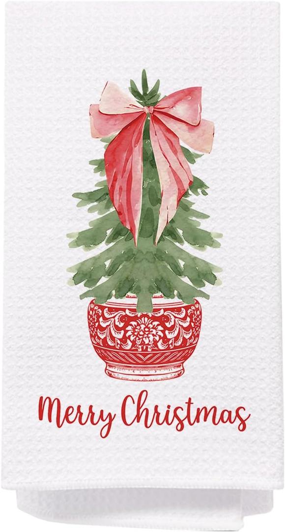 Merry Chinoiserie Christmas Kitchen Towels, Red Porcelain Tree Hand Towels for Bathroom, Red Bow Dish Towels, Kitchen Bathroom Decor, 16x24 Inch
