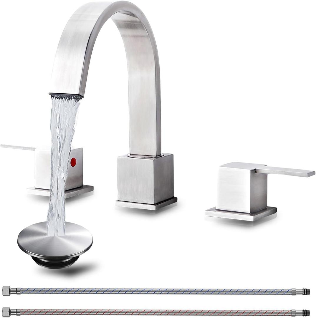 Brushed Nickel Bathroom Faucet 3 Hole, VAPSINT 8 Inch Widespread Waterfall 3 Piece Bathroom Sink Faucet, 2 Handle 360 Swivel Spout Vanity Faucets for RV Lavatory with Pop Up Drain & Supply Hoses