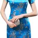 Traditional Cheongsam Costume Print High Slit Side Chinese New Year Party Cocktail Bodycon Short Dress (Medium, Dragon Blue)