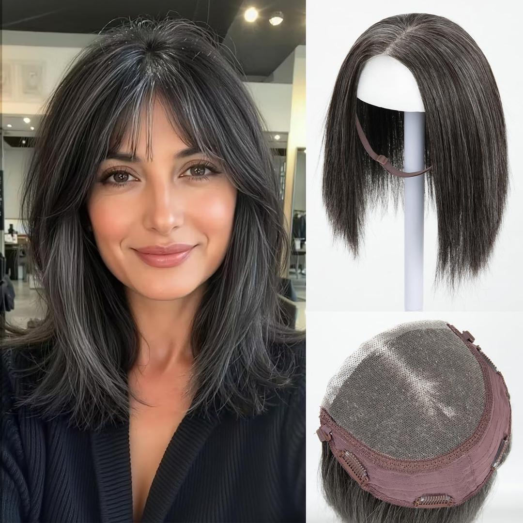 Lace Front Hair Toppers with Band for Women 5.5x4 Pre-cut Closed Lace Hairline Synthetic Straight Hair Wear and Go Glueless Toppers for Beginners Pepper Grey