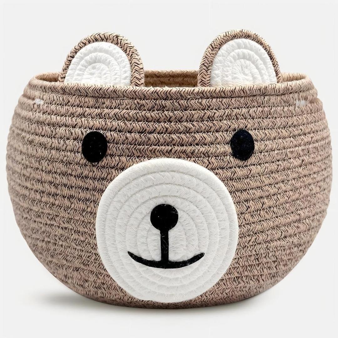 Baby Basket for Nursery - Bear Gift Baskets Empty for Kids Baby Shower Baskets for Toys Diaper Caddy Small Cute Woven Rope Storage Basket for Home Dcor Easter basket Light Brown, 11"D x9"H