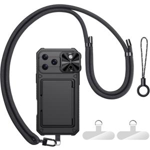 for iPhone 17 Pro Max Case Wallet with Strap, Crossbody Cell Phone Lanyard for Women Men, Card Holder, Slide Camera Cover, Military Grade Drop Proof, Heavy Duty Case for iPhone 17 Pro Max, Black