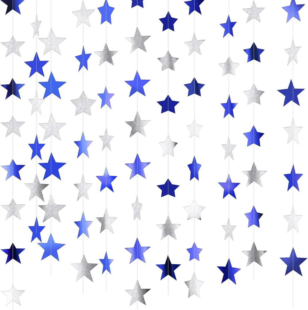 Patelai Glitter Star Garland Banner Decor, 130 Feet Star Hanging Bunting Banner Bright Backdrop for 2025 Graduation Prom Wedding Birthday Christmas Party Supplies(Ocean Blue, Glitter Silver)