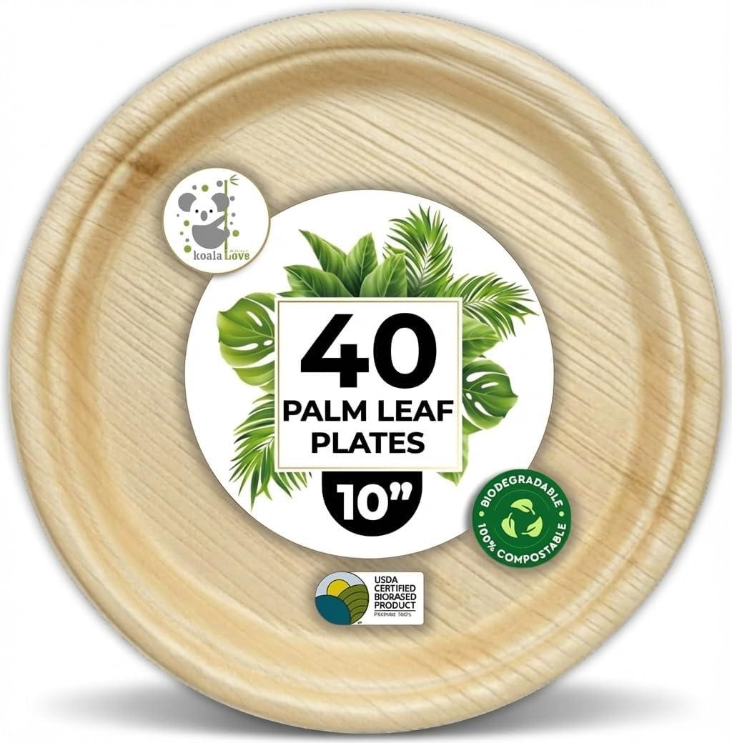 Koala love Palm Leaf Plates 10 Inch Bamboo Paper Disposable 40 Bulk Dinner Round Party Plates Event Tableware Eco Biodegradable Compostable Wooden Plate Best Alternative to Plastic Plate