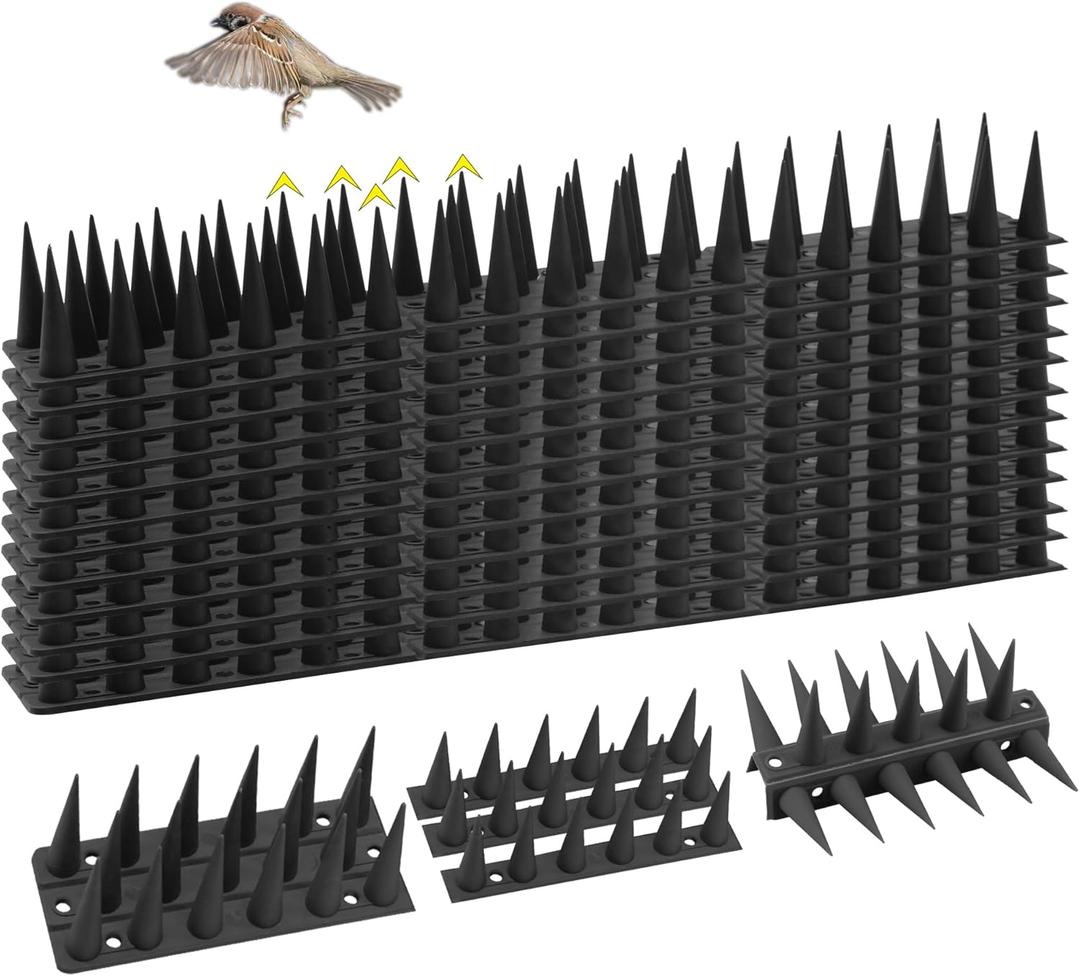 Bird Spikes, 13.2FT Outdoor Bird Deterrent Spikes Device for Birds Pigeon Woodpecker Squirrel Raccoon Cat, Plastic Bird Deterrent for Outside, Patio, Roof, Sill, Fascia (Black, 12Pcs)