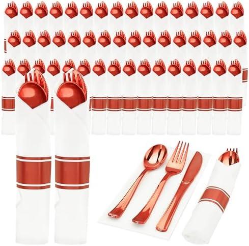 Goodluck 50 Set Red Pre Rolled Plastic Cutlery Set, Wrapped Silverware Set with 50 Forks, 50 Knives, 50 Spoons and 50 Napkins, Perfect for Party, Wedding, Christmas,Valentines