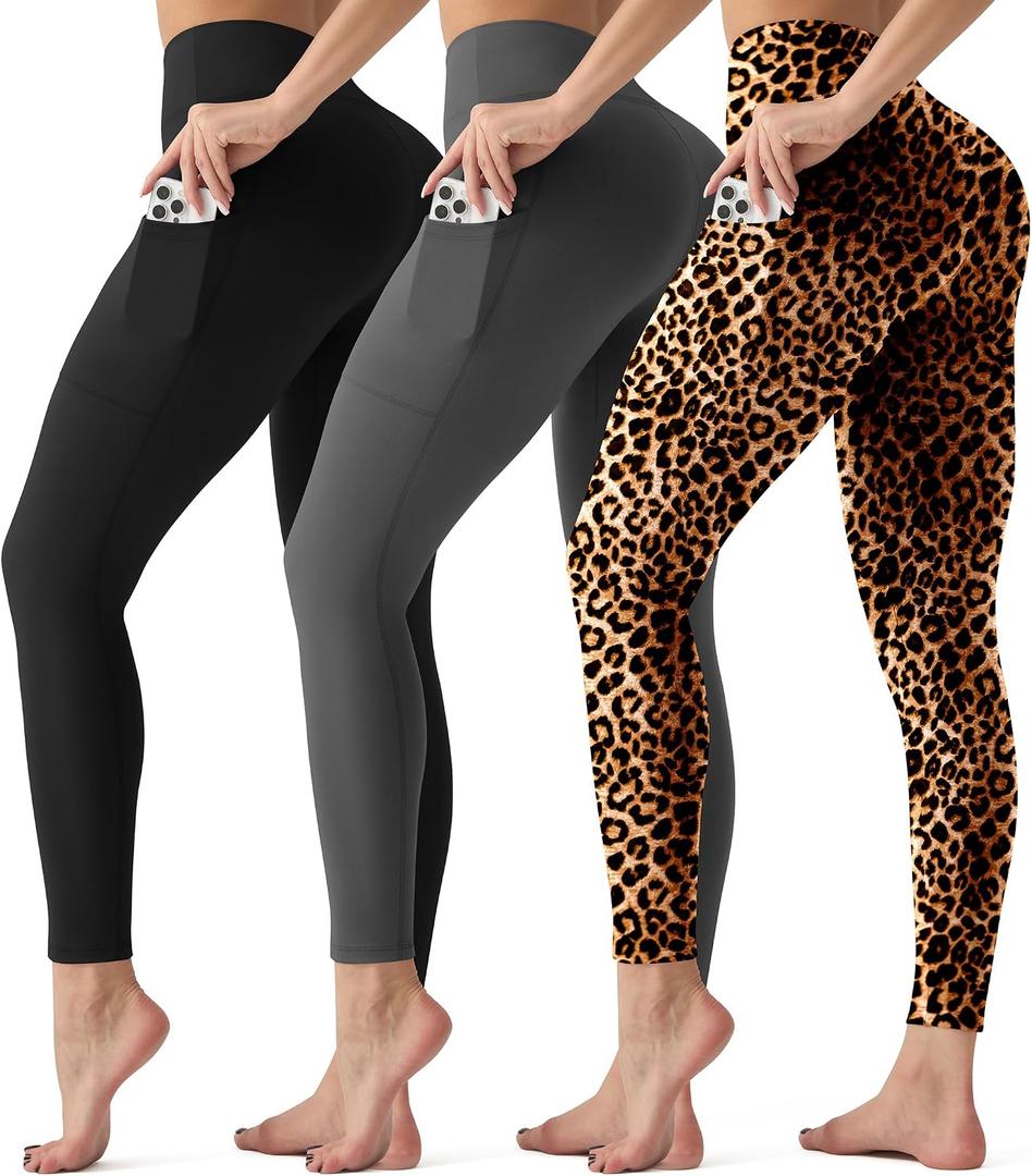 3 Pack Leggings with Pockets for Women,High Waisted Tummy Control Workout Yoga Pants Reg & Plus Size (XL)