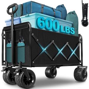 Beach Wagon with Big Wheels for Sand: 600LBS All Terrain Collapsible Beach Cart Foldable - Portable Heavy Duty Folding Utility Wagon Cart for Groceries Shopping Outdoor Camping Sports