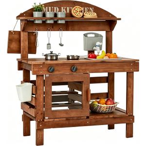 Kids Outdoor Mud Kitchen, Wooden Play Kitchen with Removable Water Sink, Faucet, Plants Observation Room, Backyard Toy Cooking Playset for Kids 36 x 14 x 36 inches