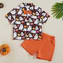 Rtnnsbbfcm Toddler Baby Boy Halloween Outfit Short Sleeve Bow Tie Pumpkin Ghost Button Down Shirt Top Shorts 2Pcs Set