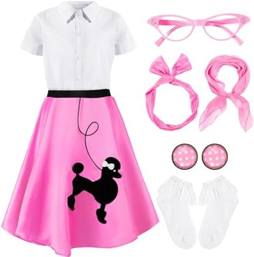 Silicherry 1950s Kids Poodle Skirt 50s Sock Hop Costume with Shirt Scarf Headband Earrings Glasses Socks 4-6 Y