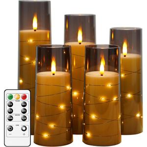 Flameless LED Candles with Timer 5 Pc Flickering Flameless Candles for Romantic Ambiance and Home Decoration Stable Acrylic Shell, with Embedded Star StringBattery Operated Candles, Grey