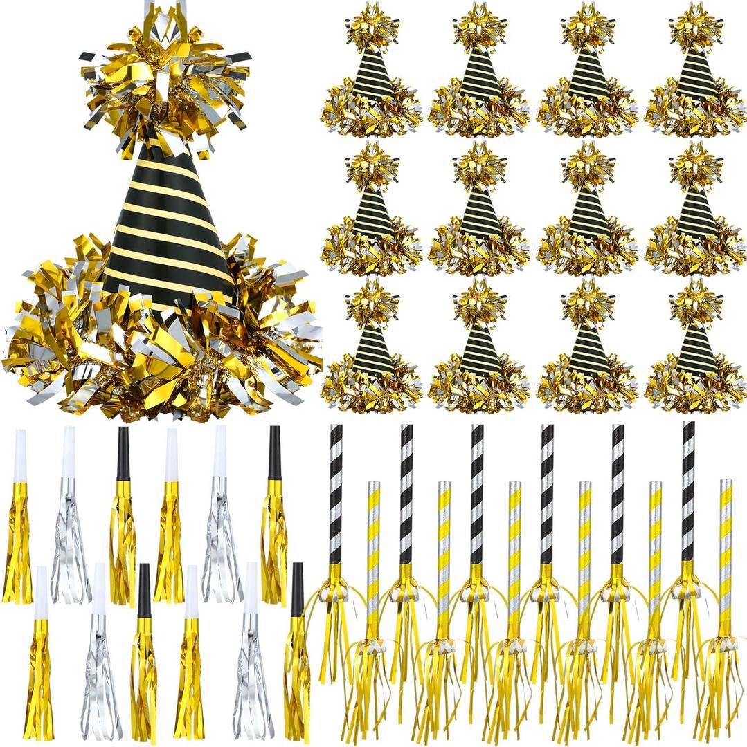 Lenwen 36 Pcs 2026 New Years Eve Party Supplies Including 12 New Year Cone Hats 24 Noise Makers Horns Blowouts Tassel Squawkers Blowers for Eve Party Decoration
